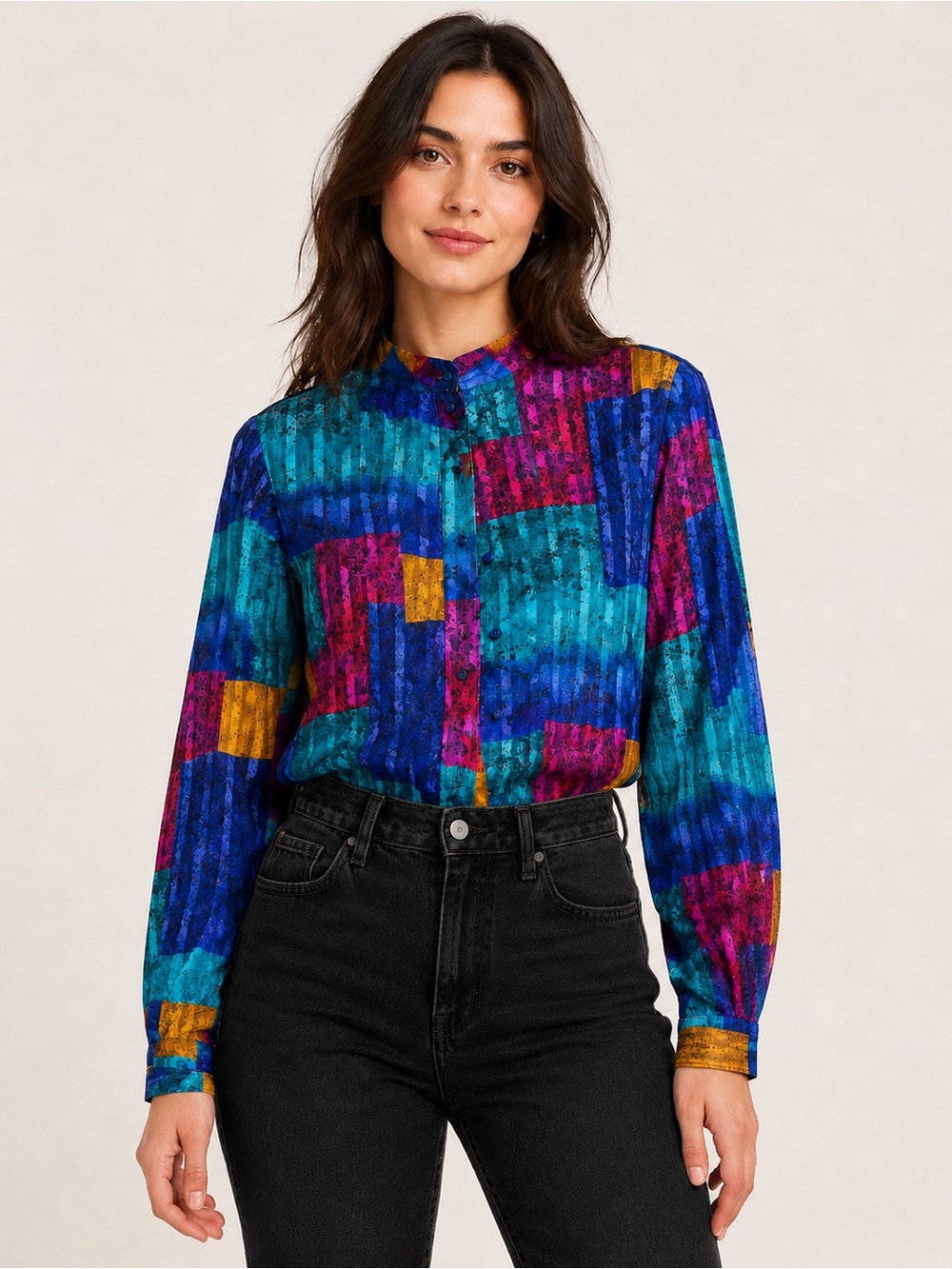 Vintage Abstract Patchwork Print Long-Sleeve Blouse - Teal Multi